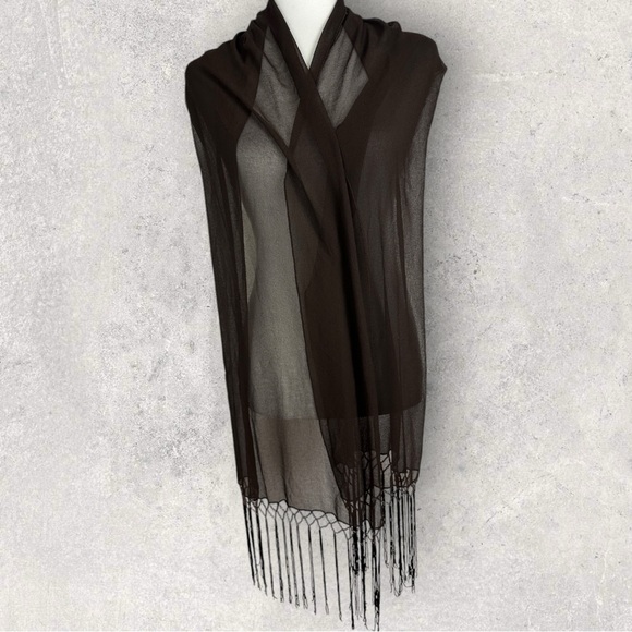 Brown Beaded Fringe Sheer Rectangular Scarf Bohemian Tassel 20" x 36" Wrap Skirt - Picture 11 of 15